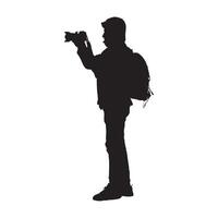 Silhouette of Standing Photographer with Backpack Holding Camera vector
