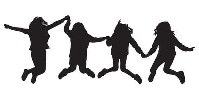 Four Girls Jump and Hold Hands Silhouette Illustration vector