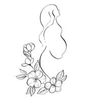 Pregnant woman in silhouette holds belly near blooming sakura. Hand-drawn with linear contour cherry and apple trees in spring. Peaceful maternity sketch illustration. Tattoo vector