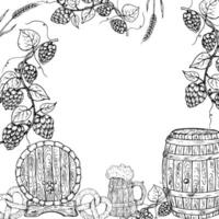 frame Oktoberfest with glass and bottle of beer, sausage and common hop. Wooden barrel for beer. Graphic ink ale illustration, organic Humulus lupulus branch with leaves and cones isolated on vector