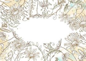 Horizontal floral template with corner botanical elements in soft pastel watercolor and ink outline. Perfect for eco wedding invitations, packaging, blog headers, and gentle designs. vector