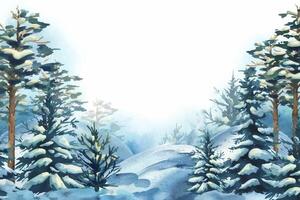 Symmetrical winter landscape with tall fir trees and snow-covered hills. Spacious center for inserting custom text. Great for holiday promotions and seasonal content. Watercolor illustration vector