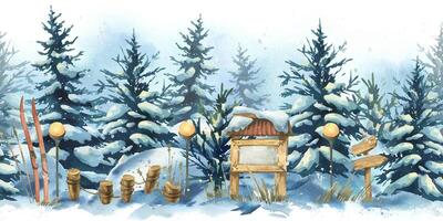 Snowy forest with skis and signposts vector