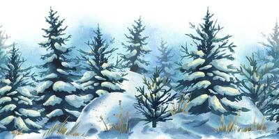 Simple seamless winter border with snowy fir trees. Clean, peaceful design perfect for background, borders, stationery, and holiday wrapping paper. Watercolor illustration vector