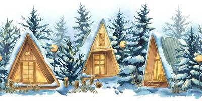 A-frame cabins in a snowy landscape vector