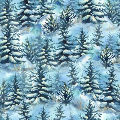 Winter seamless pattern featuring only snowy fir trees. Clean and minimal design suitable for wrapping paper, packaging, and textile. Watercolor illustration
