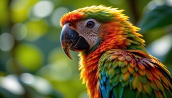 close up view of a tropical parrot with glowing colors perched in a serene setting, textures and hues sharply in focus. photo