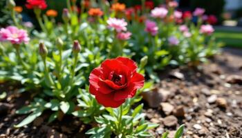 close up view of a deep red carnation resting in a quiet, shaded garden bed. photo