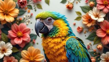 close up view of a parrot surrounded by abstract floral patterns, with its natural colors standing out sharply. photo