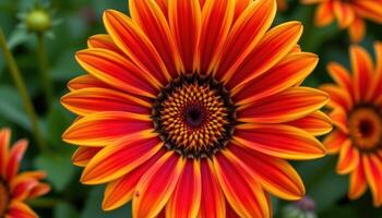 close up view of a bright gaillardia flower with red orange petals tipped in yellow and a bold patterned center. photo