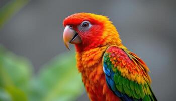 close up view of a tropical bird with bright plumage perched calmly, showing every feather detail and radiant color against a softly blurred backdrop. photo