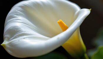 close up view of a white calla lily with a smooth, elegant curve catching soft reflected light. photo