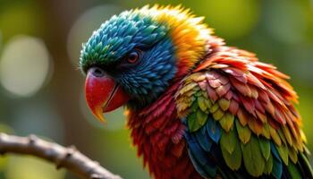 close up view of a beautiful tropical bird with richly colored plumage, resting on a branch with every feather finely detailed in warm sunlight. photo