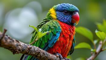 close up view of a solitary parrot showing brilliant color gradients and delicate feather structures, perched on a branch with natural greenery around. photo
