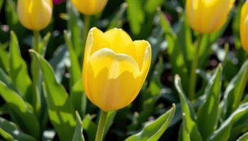 close up view of a sunny yellow tulip framed by fresh green leaves and soft shadows. photo