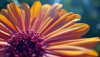 close up view of a yellow calendula petal streaked delicately by sunlight. photo