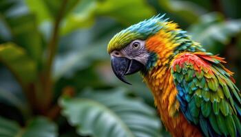 close up view of a colorful parrot focusing on the intricate feather patterns and textures, perched on a branch with rich tropical foliage behind. photo