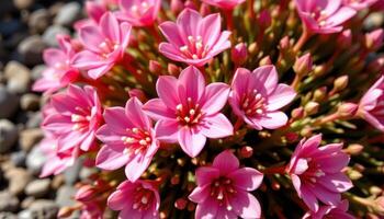 close up view of a cluster of ice plants in bloom, their fuchsia colored petals shimmering under direct sun. photo