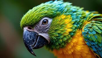 close up view of a tropical parrot with glossy feathers resting calmly, the image focusing on the delicate feather patterns and vibrant hues. photo