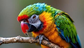 close up view of a colorful parrot resting on a slender limb, each feather illuminated with vibrant, natural hues. photo