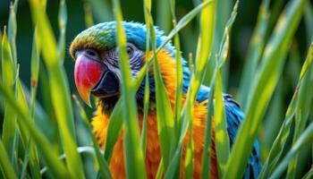 close up view of a parrot behind tall blades of grass, partially hidden but glowing in vivid primary colors. photo