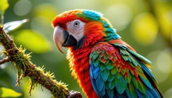close up view of a colorful parrot perched on a mossy vine, each feather shining with brilliant hues under soft sunlight. photo