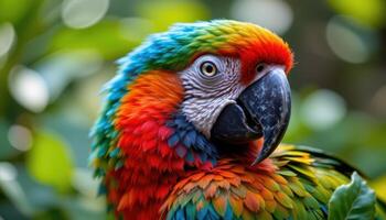 close up view of a majestic parrot with bright feathers resting calmly in a lush green environment, the image focusing on feather texture and colors. photo