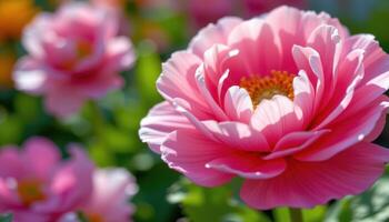 close up view of a pink ranunculus with paper thin petal layers catching dappled sunlight. photo