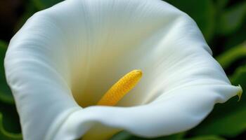 close up view of a calla lily with its elegant trumpet shaped bloom and smooth white curves. photo