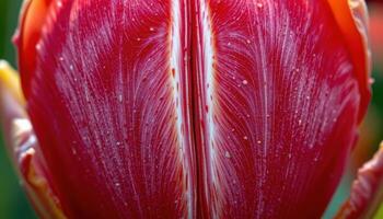 close up view of a bright red tulip with sharply defined lines and reflective surface texture. photo