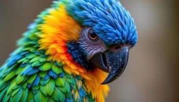 close up view of a solitary parrot with brilliant feathers perched calmly, showcasing feather structure and brilliant hues. photo