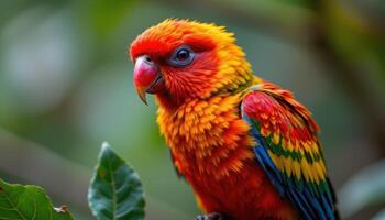 close up view of a tropical bird with bright feathers, perched on a branch with every detail of its plumage clearly visible and vibrant. photo