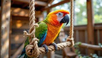 close up view of a parrot perched on a rope swing in a wooden aviary with warm light patterns. photo