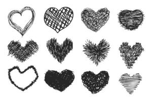 Set of hand drawn doodle hearts in black color vector