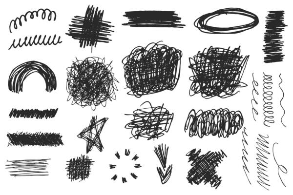 Hand drawn doodle scribbles, lines, and abstract textures in black color