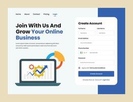 Professional web header with account creation form and business growth representative flat illustration vector