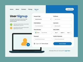 Account signup or registration form design with web header and laptop illustration vector