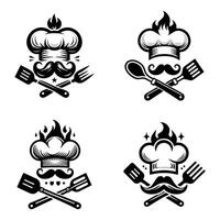 Vintage Chef Mascot Logo Set - Monochrome Cooking Icons with Hat and Utensils vector