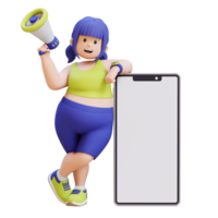 3D render plus size overweight woman with megaphone and smartphone png