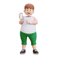 3D plus size overweight man character pointing to smartphone png