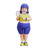 3D render plus size overweight woman pointing to smartphone png