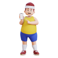 3D plus size overweight big man pointing to smartphone png