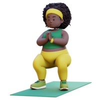 3D Plus Size Overweight african woman Doing Squats on a Yoga Mat png