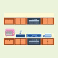 Illustration of a modern kitchen set complete with a mini oven, sink, two-burner stove, chopping board, and storage cabinet. Suitable for minimalist home themes and clean kitchens vector