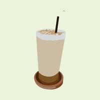 Minimalist flat illustration of an iced latte in a tall glass with a chocolate saucer, straw and detailed latte art on top, perfect for coffee themed branding or digital design projects. vector