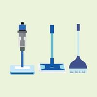 Illustration of home cleaning tools consisting of a spray mop, a flat mop, and a long-handled brush. Suitable for household design, cleaning activities, and daily cleaning supplies vector