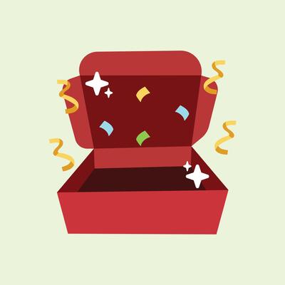 Illustration of an open red gift box decorated with ribbons, stars and colorful confetti. Perfect for gift, surprise, party, birthday or cheerful celebration design elements.