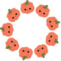 Cute pumpkin with smiling face in round frame. Halloween wreath. Decoration round frame. vector