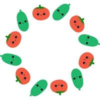 Cucumber and tomato round frame with smiling faces. Kawaii vegetables in wreath. vector