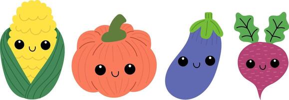 Set of kawaii veggies. Colorful collection of vegetables. Smiling faces. vector
